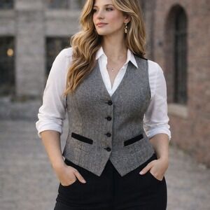 Liz Sport Vest Vintage Wool Blend Velvet Gray Black Button Down Womens Size 8